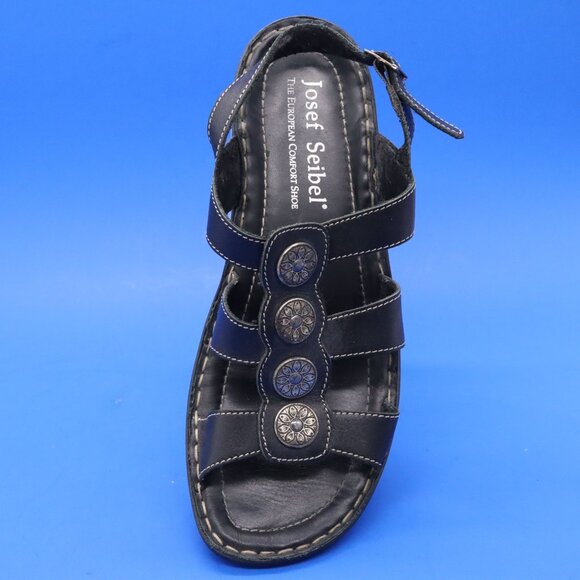 Josef Seibel Women 38 US 7.5 Sandal Black Strap Medallion Block Heel - Picture 7 of 15